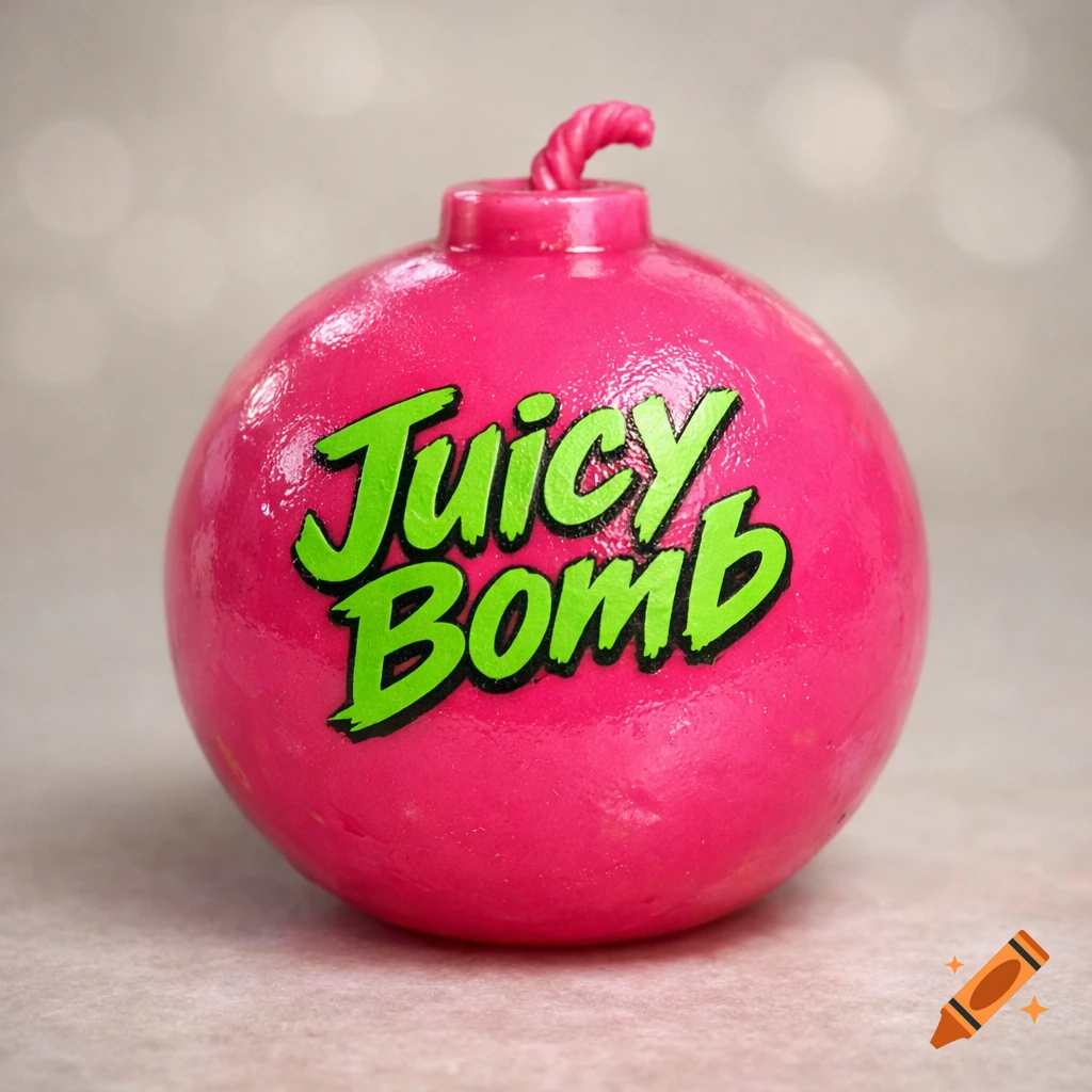 A vibrant pink spherical bomb with a green fuse and the text "Juicy Bomb" written in bright green on its side.