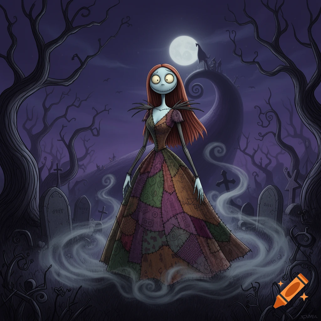 Sally from The Nightmare Before Christmas stands in a misty graveyard at night, under a full moon, surrounded by bare trees.
