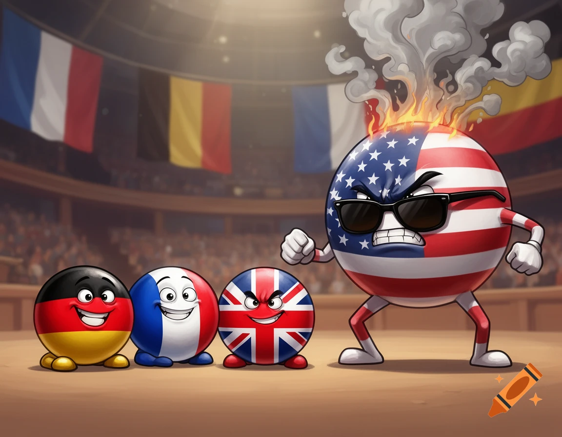 Four countryball characters on a stadium floor. Germany, France, and the UK balls smile, while an angry USA ball with sunglasses, flames, and smoke stands nearby.