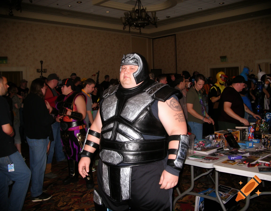 An individual in a silver and black Mortal Kombat-style cosplay armor stands at a crowded convention, with tables displaying various merchandise.