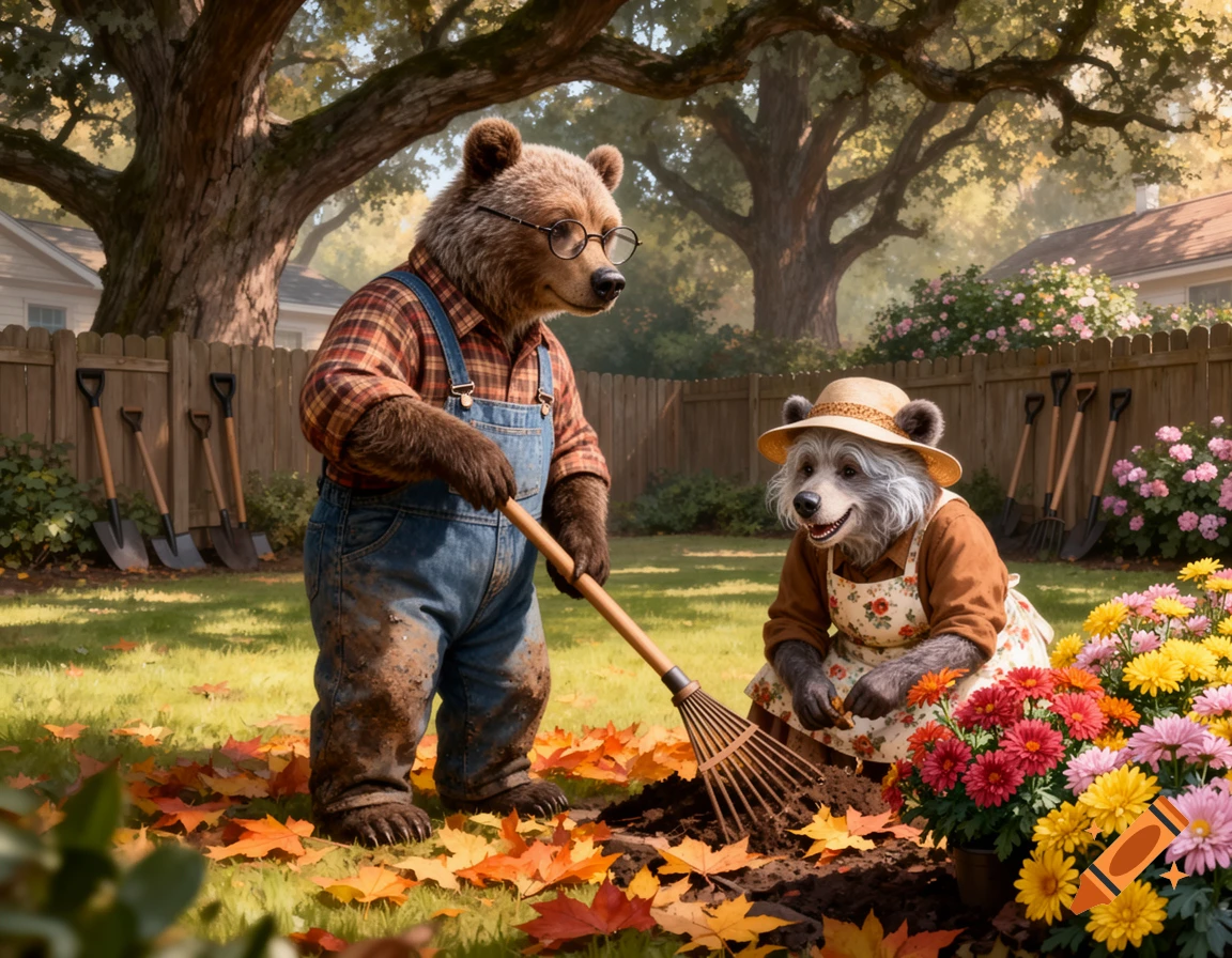 An anthropomorphic bear in glasses and overalls raking leaves while another bear in a straw hat and apron plants flowers in a sunny autumn yard.