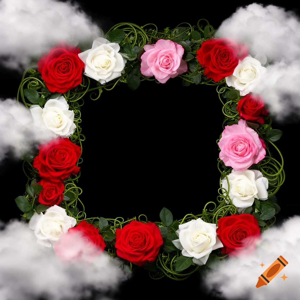 A square floral frame of red, white, and pink roses with green vines and soft clouds against a black background.