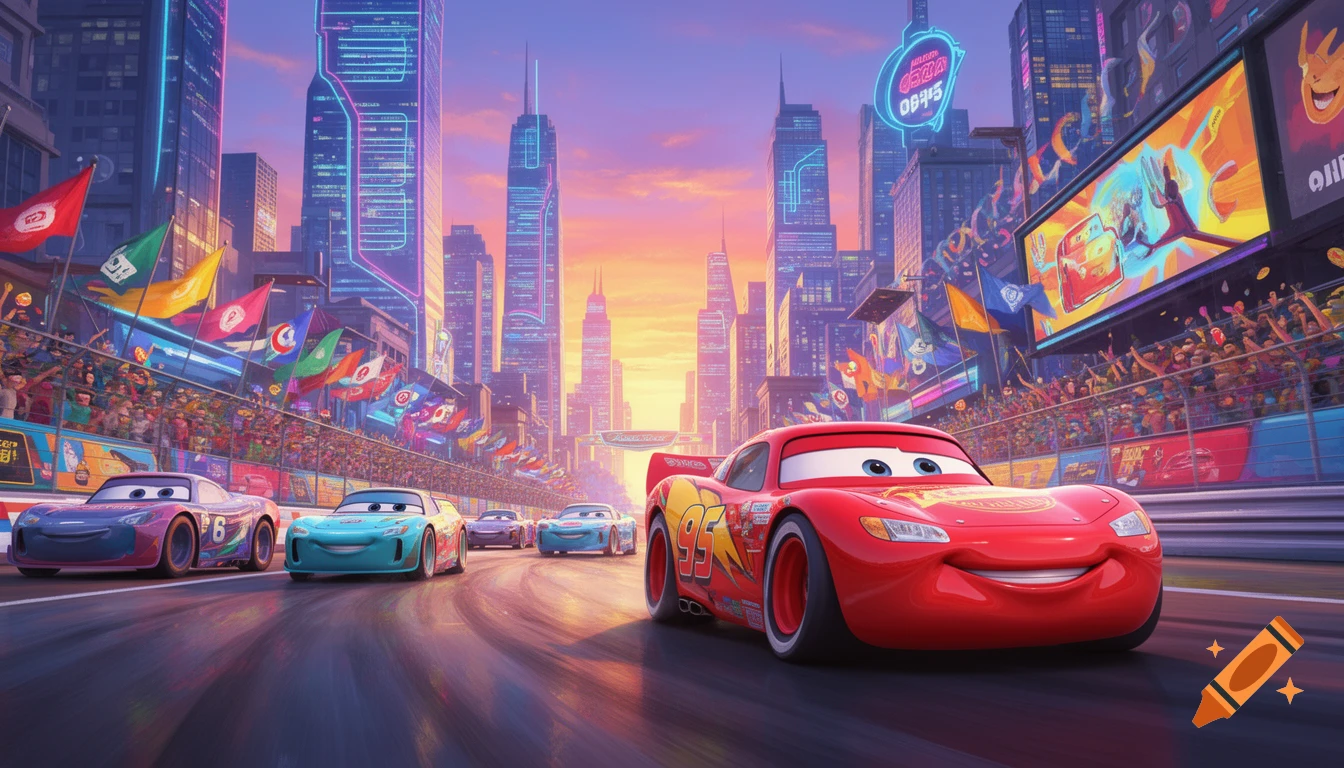 Lightning McQueen and other animated race cars speed down a futuristic ...