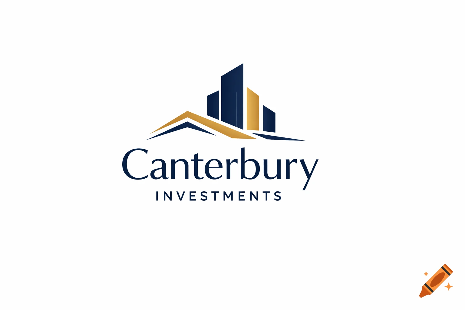 Modern navy blue and gold logo for Canterbury Investments, featuring an abstract building and roofline design.