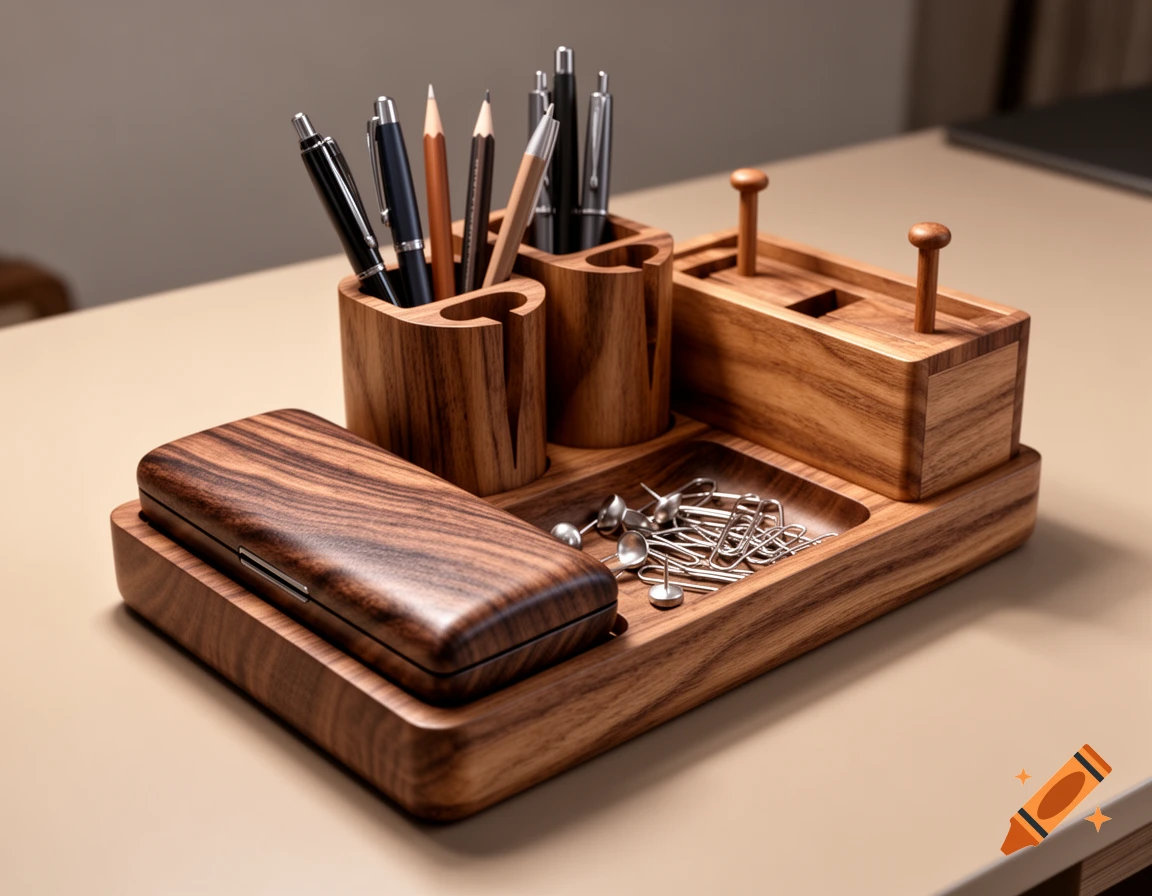 A photorealistic wooden desk organizer with pens, a glasses case, paperclips, and a box with dowels on a neutral desk.