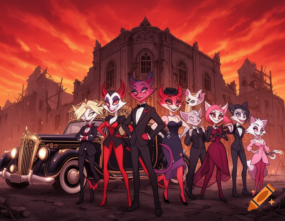 A cartoon group of anthropomorphic characters in formal attire pose in front of a vintage car and a ruined building under a fiery red sky.