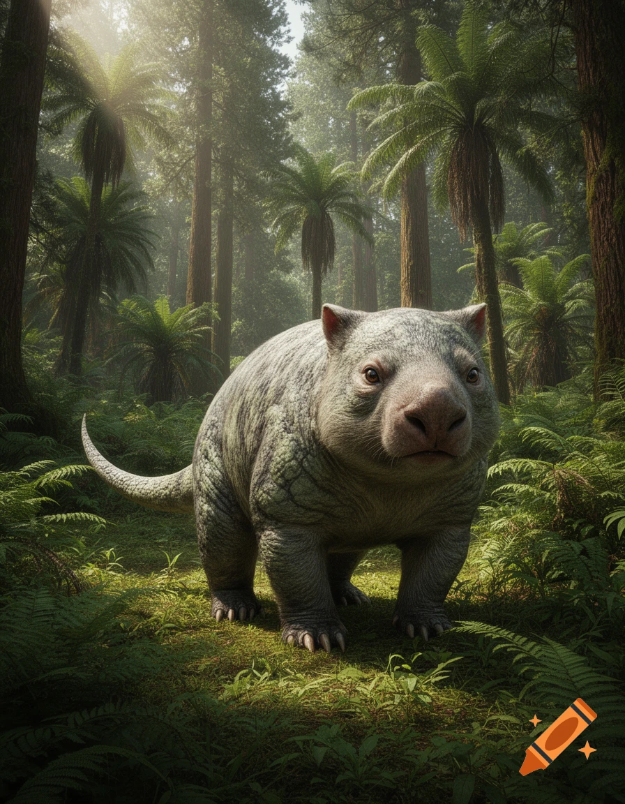 A photorealistic wombat-dinosaur creature stands in a lush, sunlit forest filled with ferns and tall trees.