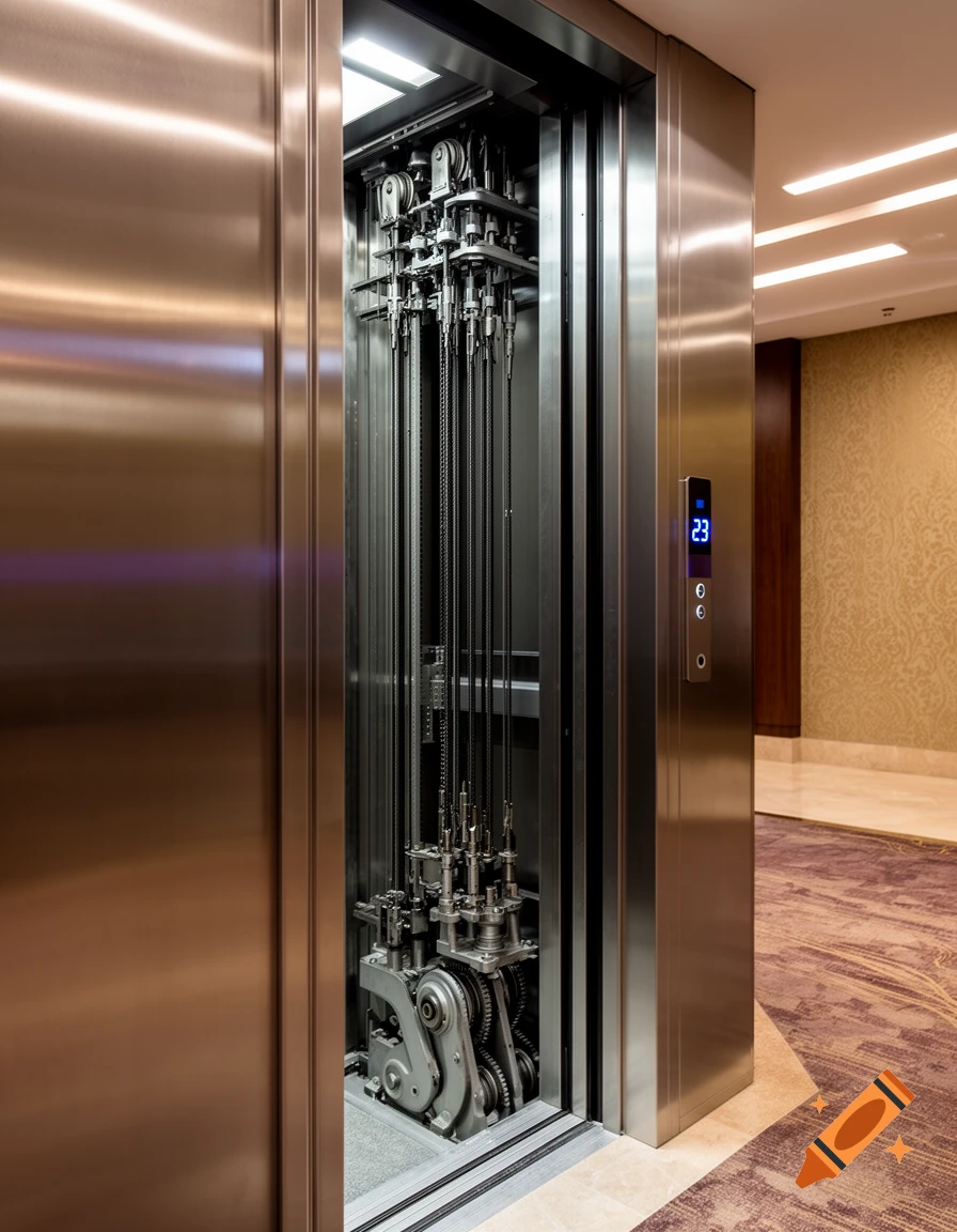An open elevator shaft reveals complex machinery, cables, and gears, with a control panel showing the number 23.