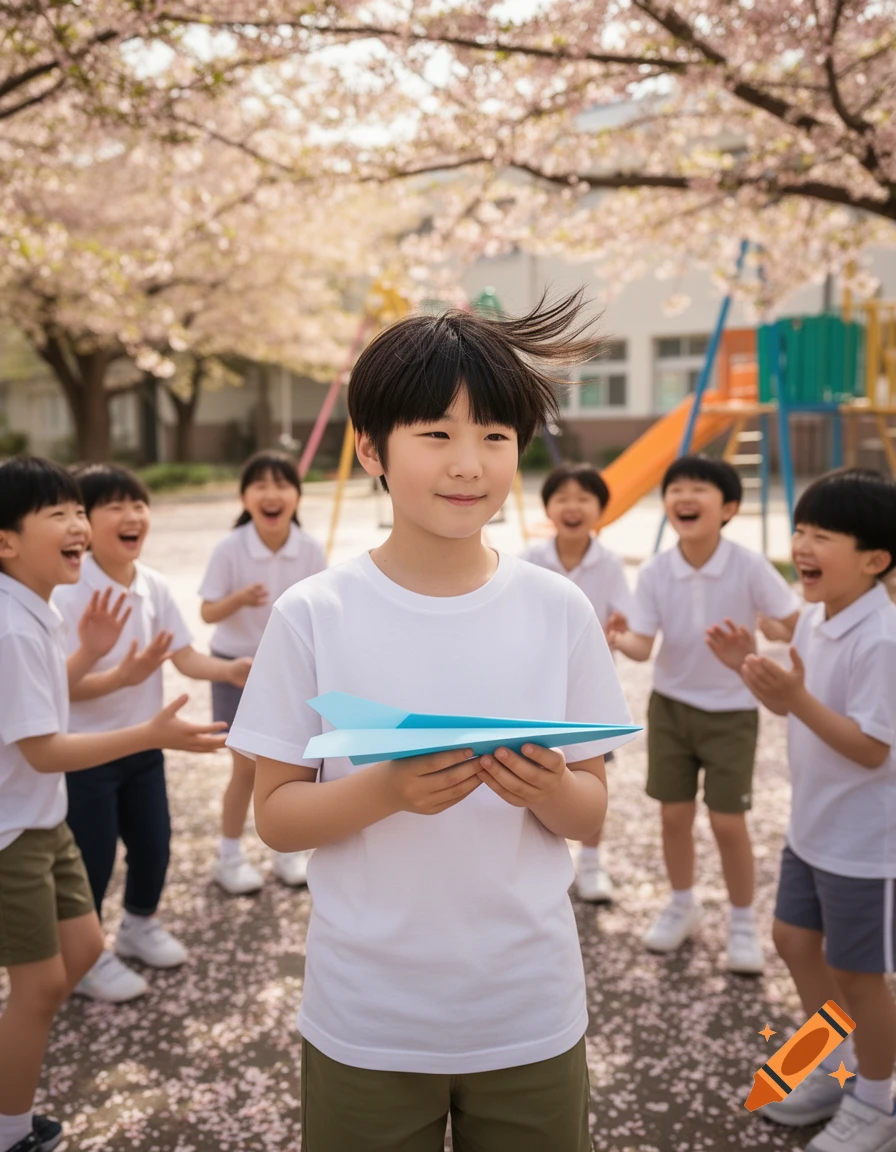 A group of smiling Asian children on a playground under cherry blossoms, with one boy holding a paper airplane.