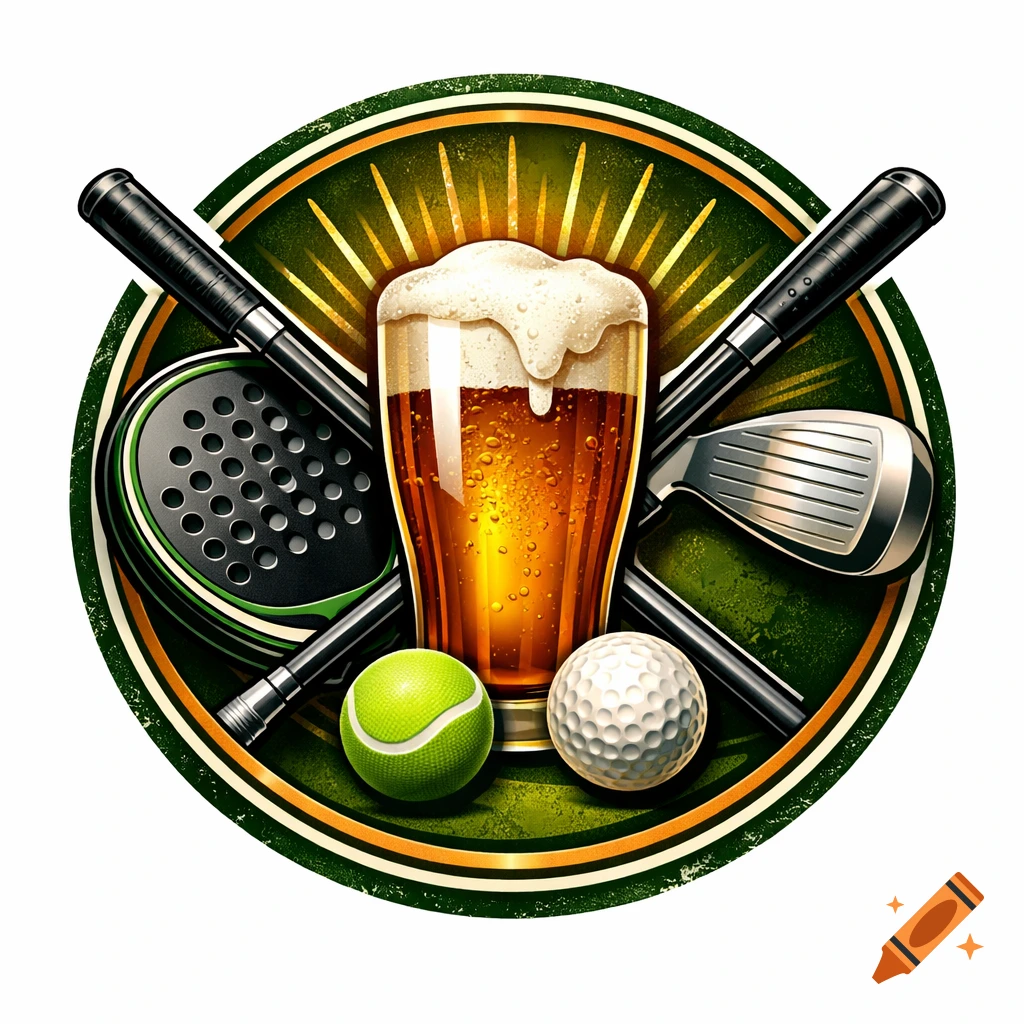 A vibrant green and orange logo features a pint of beer, crossed golf club and padel racket, a tennis ball, and a golf ball.