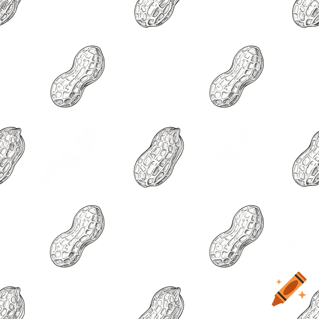 Seamless repeating black and white sketch illustration of peanuts on a white background.