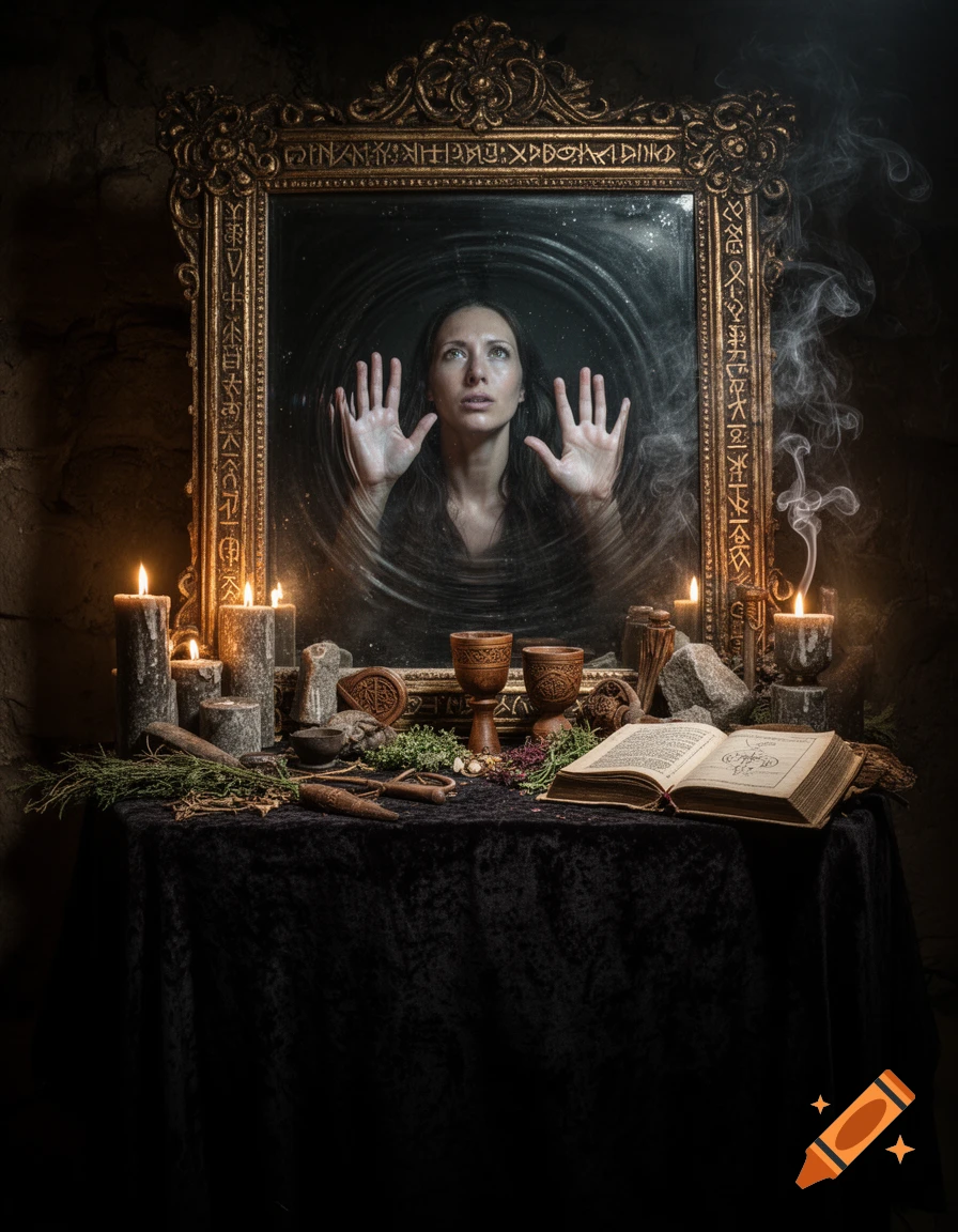 A woman with outstretched hands appears trapped inside an ornate, antique mirror on a candlelit pagan altar with ritual tools.