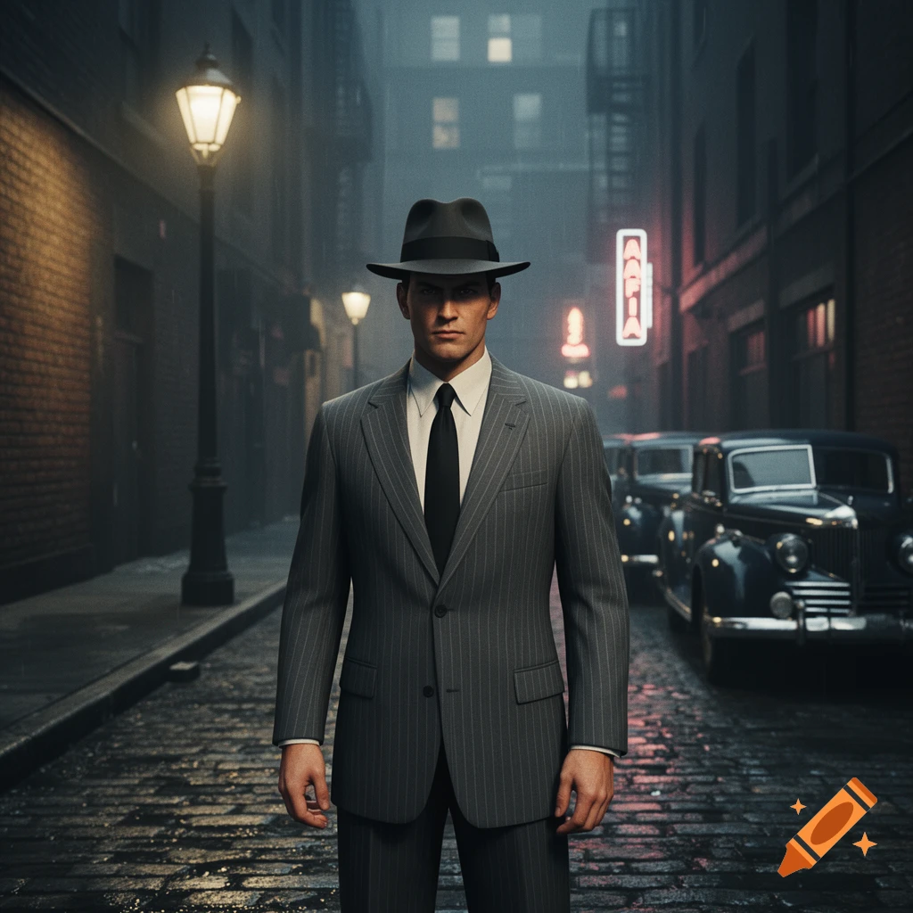 A man in a pinstripe suit and fedora stands on a wet, cobbled street at night, with vintage cars and neon signs in a foggy film noir setting.