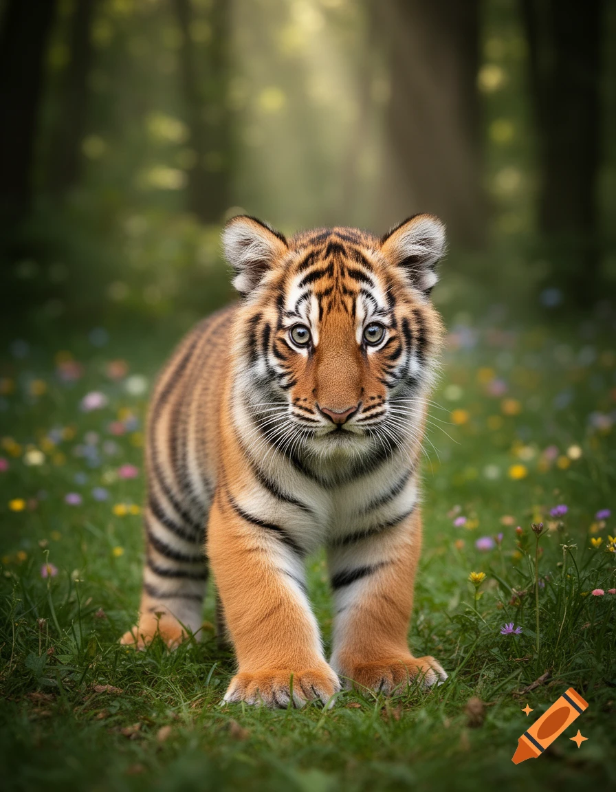 A cute, photorealistic tiger cub stands in green grass with wildflowers, looking forward in a sunny forest.