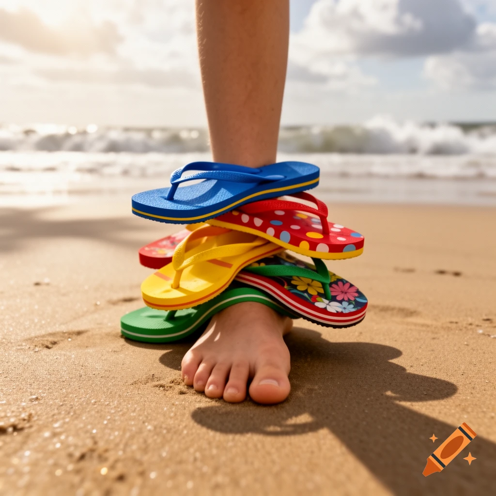 A person's foot on a sandy beach, surrounded by a stack of colorful flip-flops, with the ocean in the background.