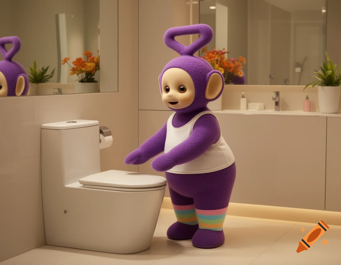 A hyperrealistic purple Teletubby in a white tank top and rainbow socks stands next to a toilet in a modern bathroom.