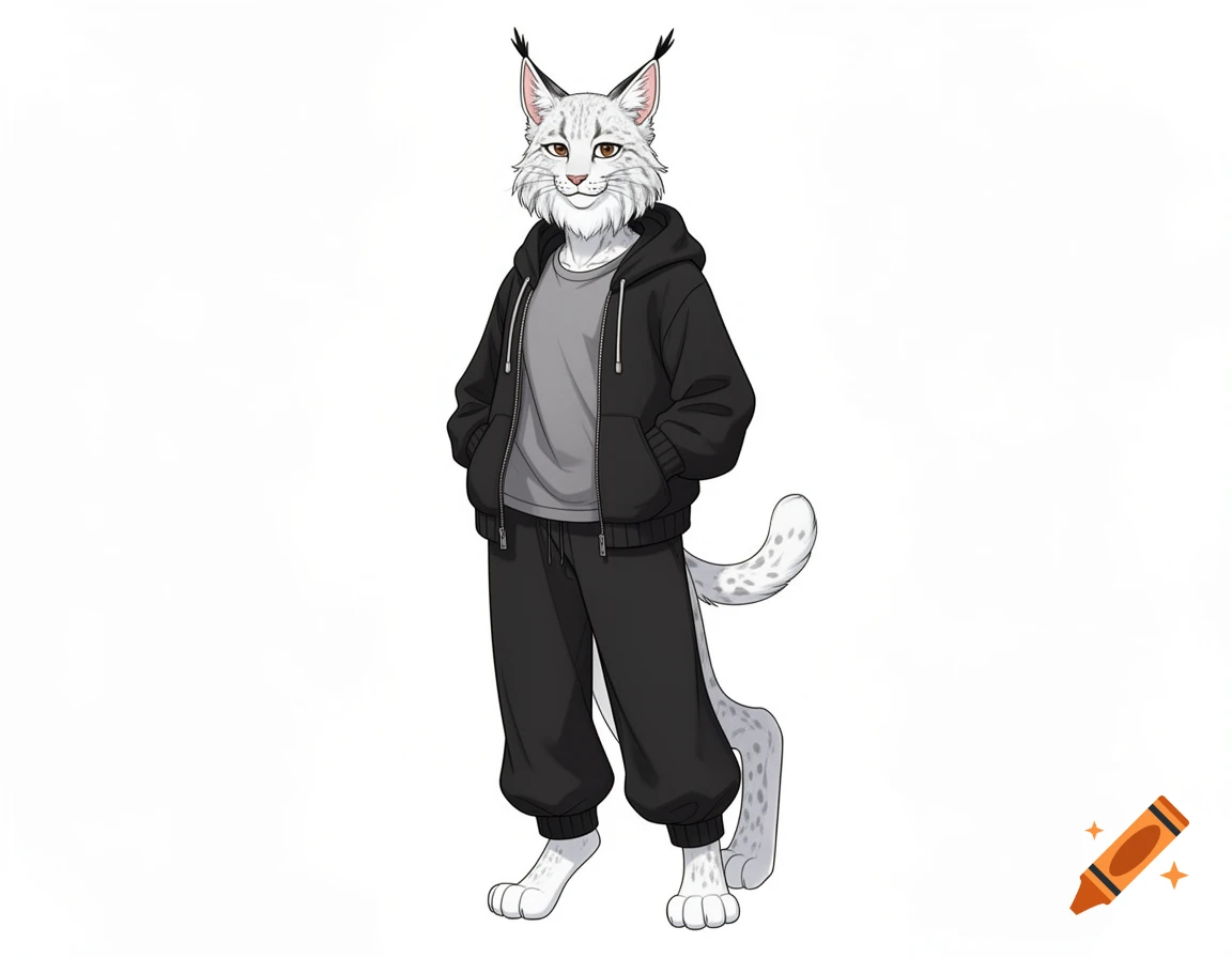 A white anthropomorphic lynx in a black hoodie and sweatpants stands on a white background, in an anime style.