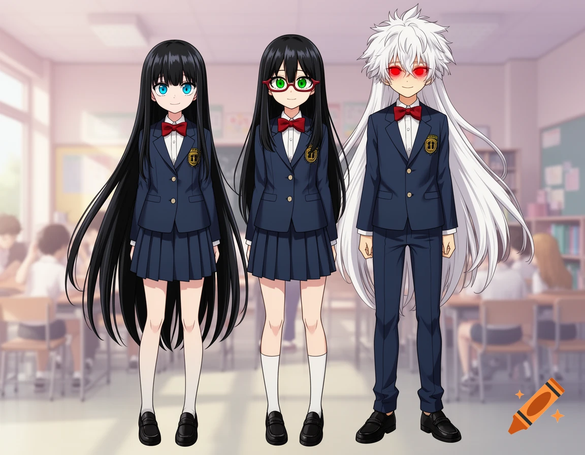 Two anime girls and an anime boy in school uniforms stand in a classroom. One girl has long black hair and blue eyes, the other has long black hair, green eyes, and red glasses. The boy has long white hair and red eyes.