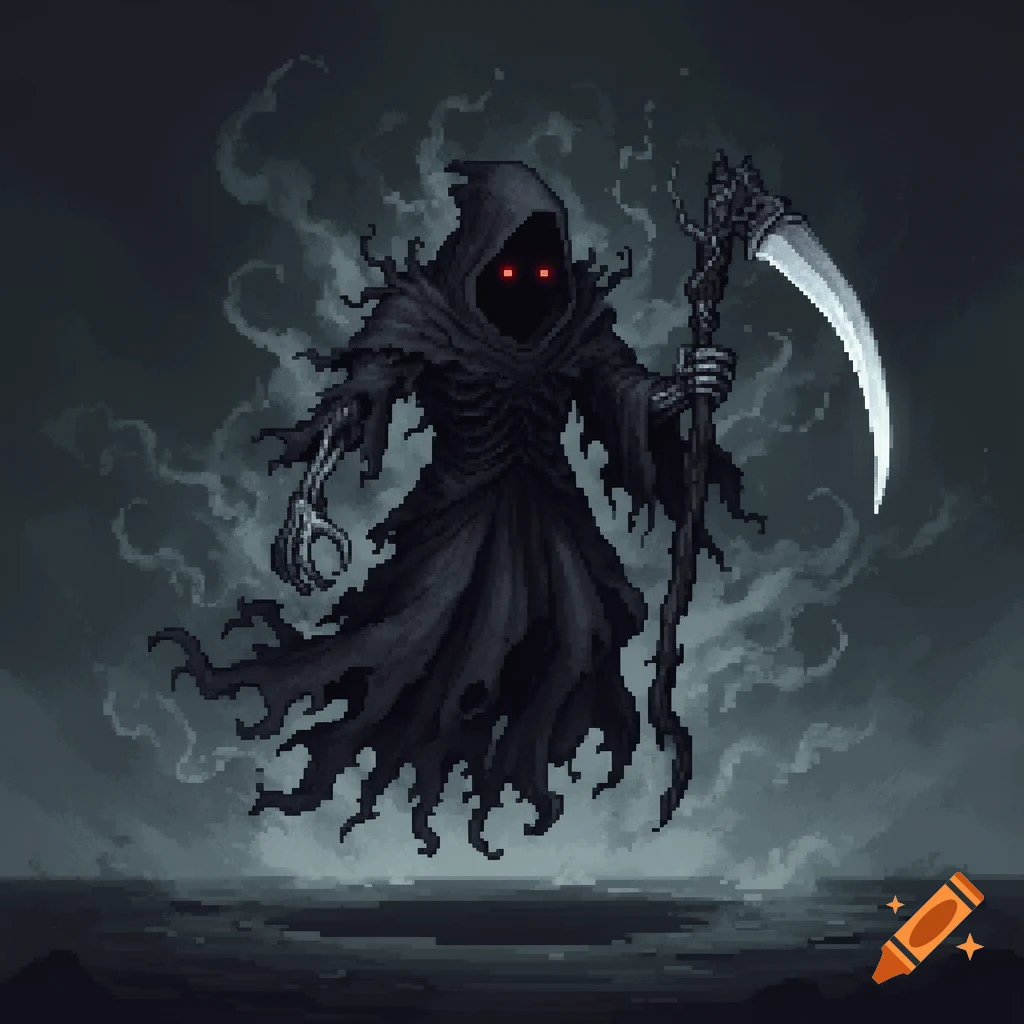 Pixel art of a dark, hooded grim reaper or dementor with glowing red ...