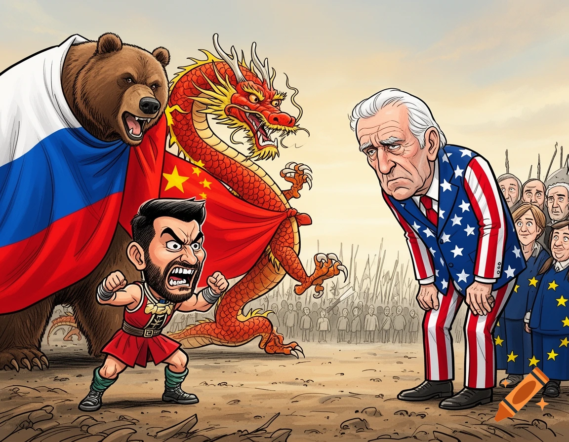 A satirical political cartoon shows a bear with a Russian flag and a Chinese dragon behind a small angry warrior (Iran), facing a tired man in an American flag suit (USA) with cautious EU figures behind him on a battlefield.