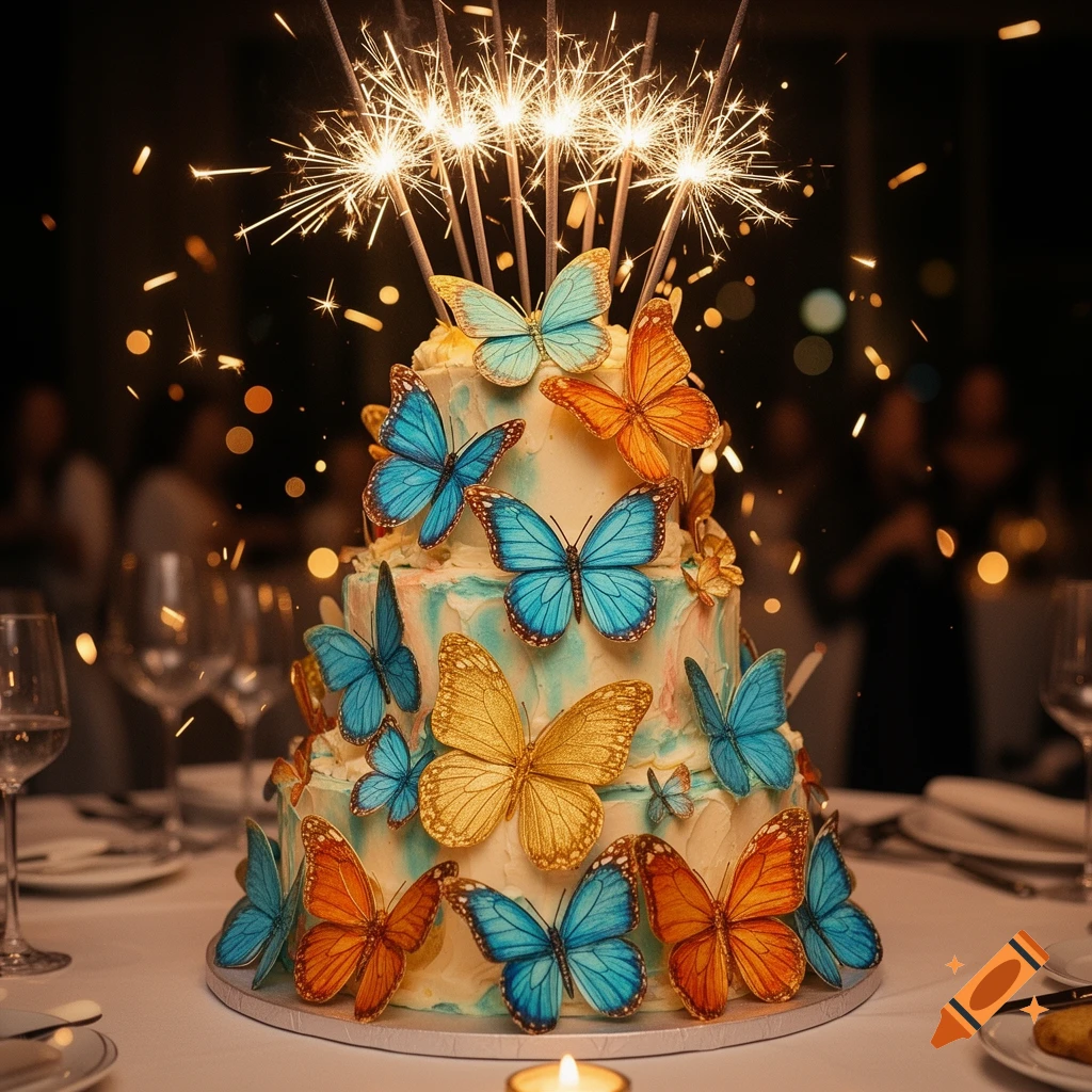 Photorealistic multi-tiered cake decorated with blue, orange, and gold butterflies, topped with sparklers, on a table at a celebration.