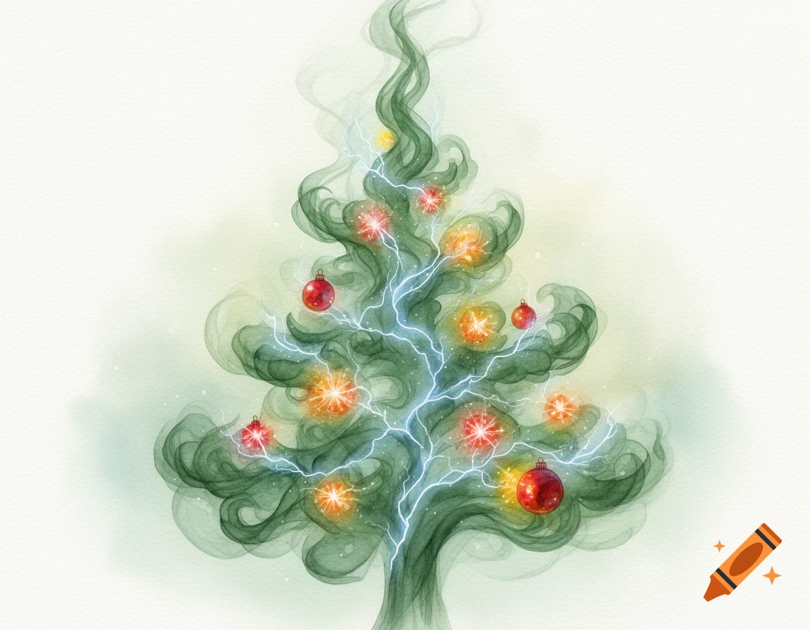 A watercolor painting of a Christmas tree made of swirling green smoke, adorned with blue lightning streaks and glowing red and orange ornaments.