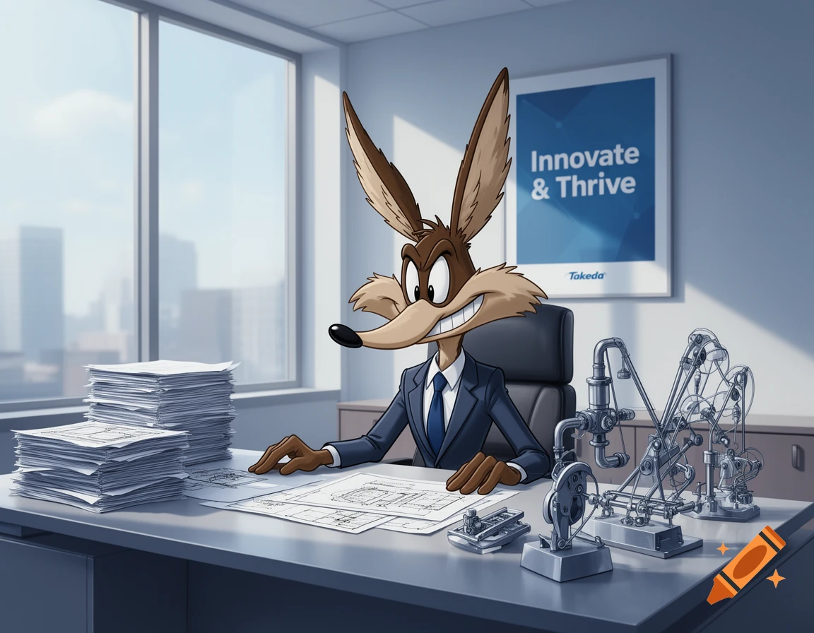 Wile E. Coyote, in a suit, sits at a modern office desk with blueprints and inventions, a poster behind him.