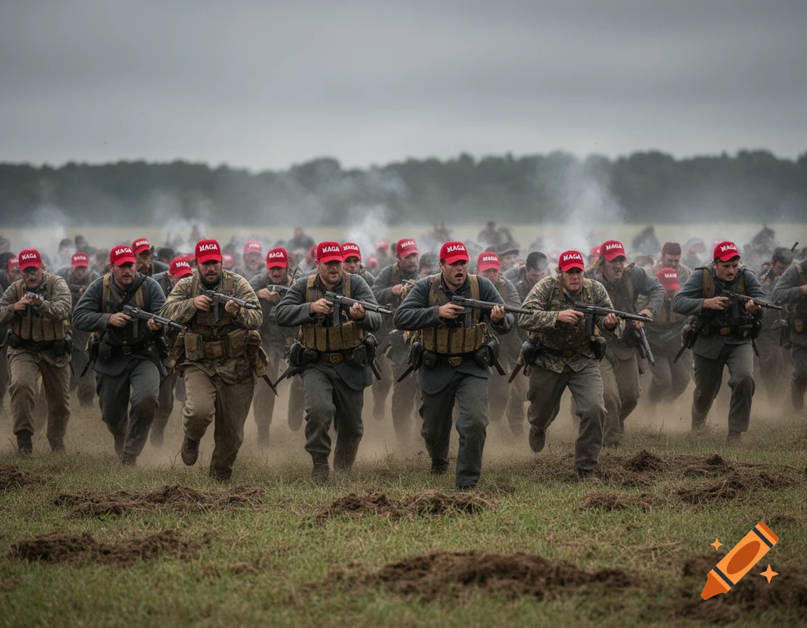 A large group of men, dressed as Civil War soldiers but wearing modern tactical vests and red "MAGA" hats, run across a dusty field, holding modern firearms. Smoke rises in the background under a cloudy sky.