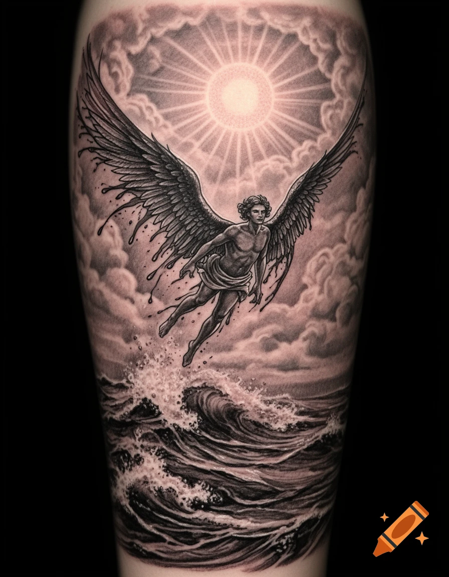 Black-and-grey tattoo of Icarus with melting wings falling into a stormy ocean under a radiant sun and clouds.