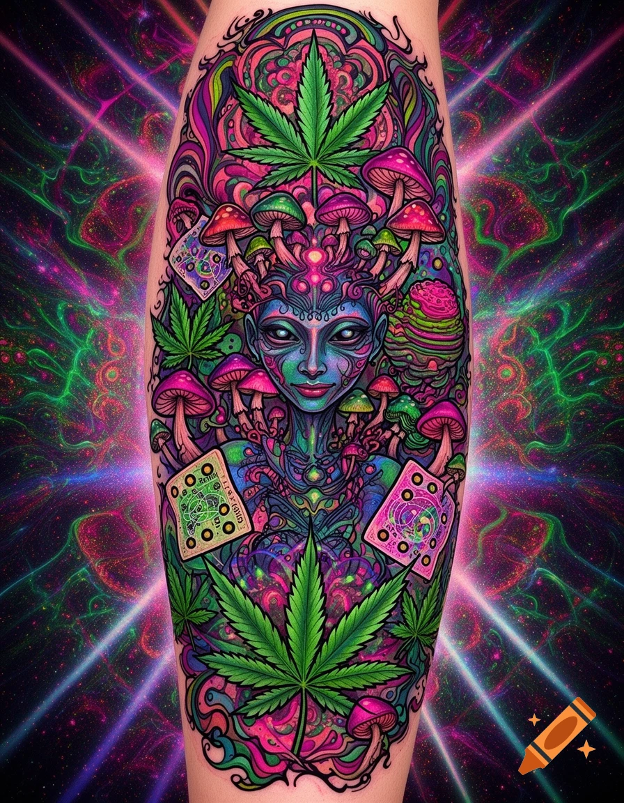 Vibrant psychedelic tattoo design featuring a stylized face, cannabis leaves, and mushrooms, set against a colorful cosmic background.