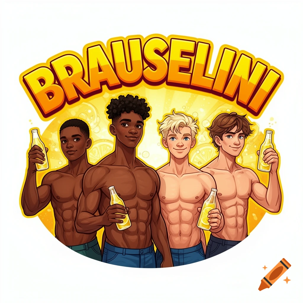 A cartoon illustration of four muscular young men, diverse in ethnicity, holding yellow lemonade bottles under a "BRAUSELINI" logo with lemons in the background.
