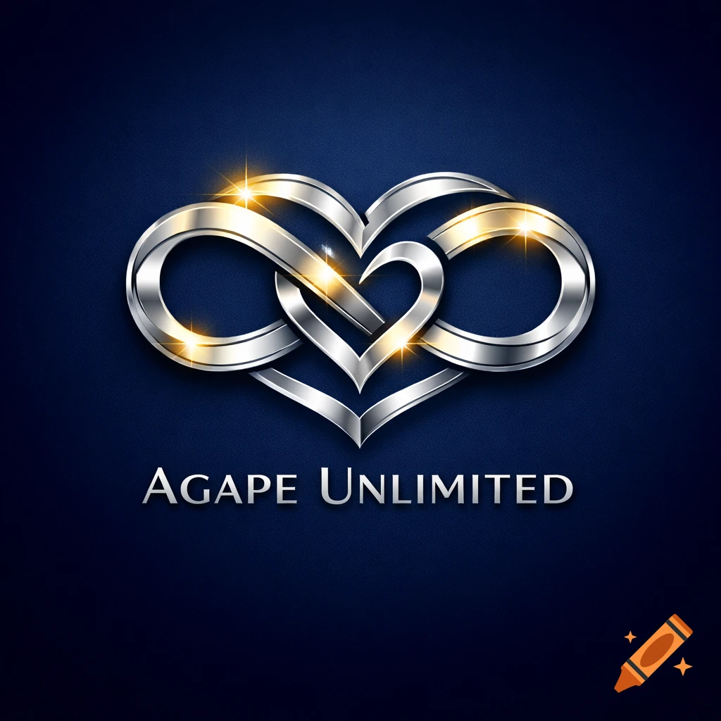 Metallic infinity heart symbol with "AGAPE UNLIMITED" text on a dark blue background.