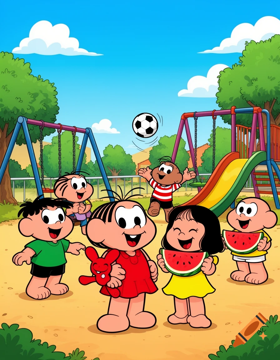 Cartoon children from Turma da Mônica play in a sunny park with a soccer ball, slide, and swings, eating watermelon.