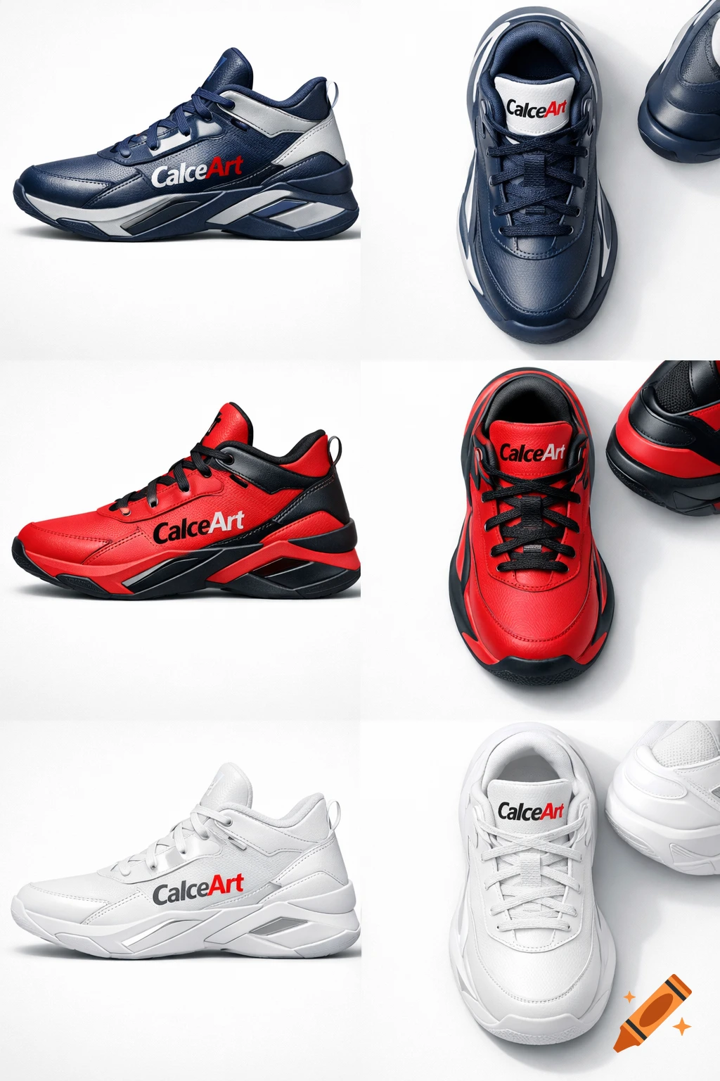 Multiple pairs of CalceArt sneakers in blue, red, and white color schemes, displayed from side and top-down views on a white background.