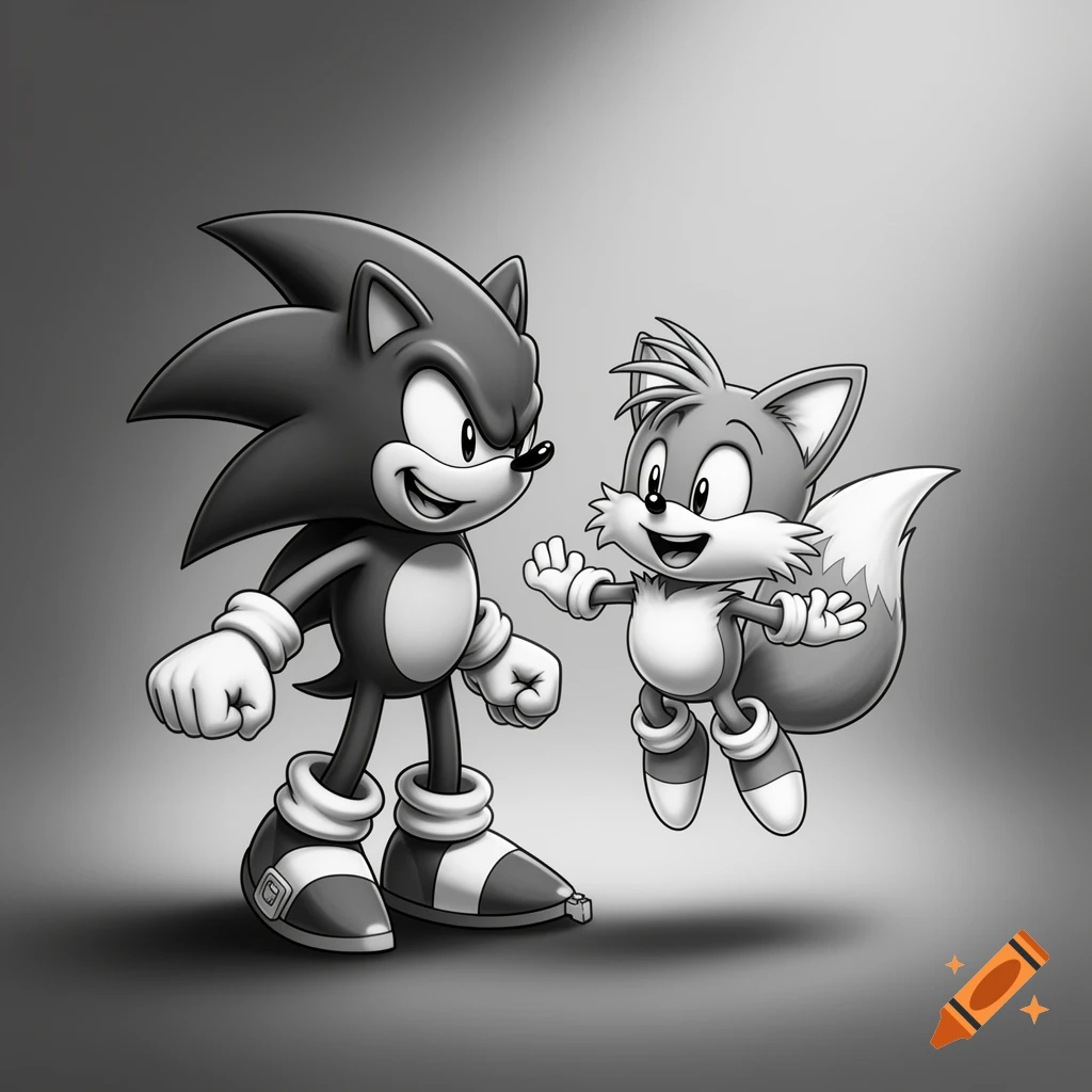 Black and white illustration of Sonic the Hedgehog and Tails, both smiling.