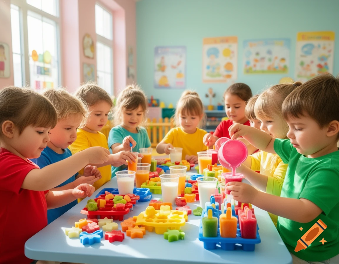 A group of young children in a colorful daycare classroom making popsicles and ice treats at a light blue table.