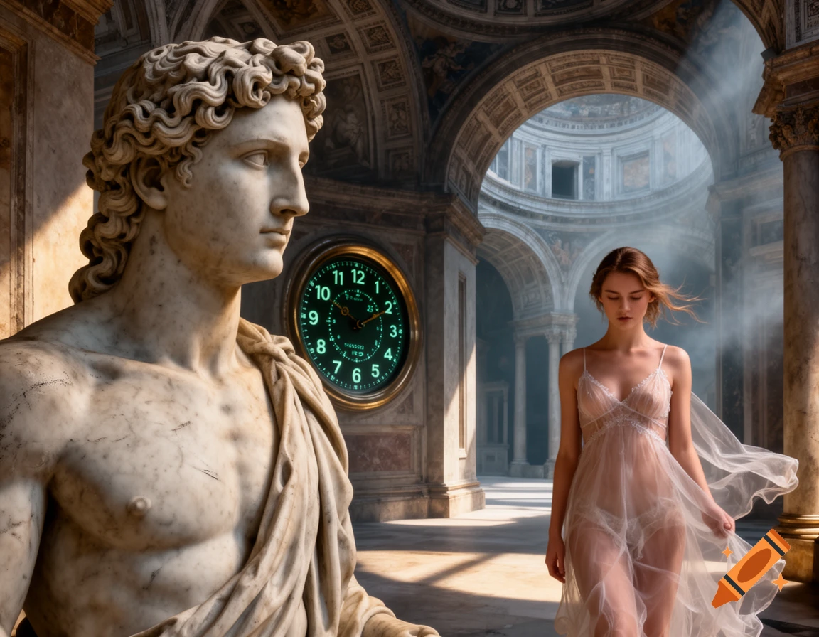 A white marble statue of Apollo and a young woman in a sheer white negligee stand in a grand, surreal hall with a glowing green atomic clock.