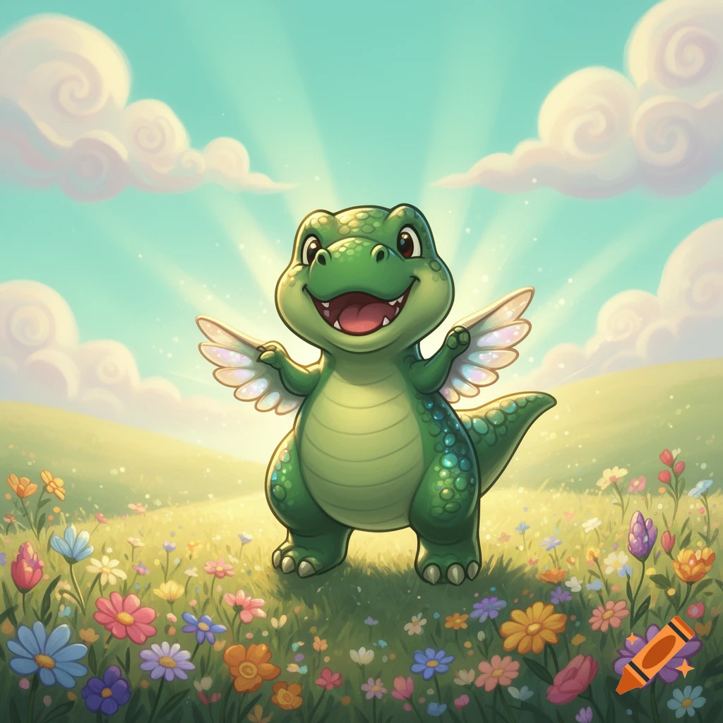 An adorable, chubby, green cartoon T-rex with spread wings stands happily in a vibrant field of colorful wildflowers under a sunny sky.