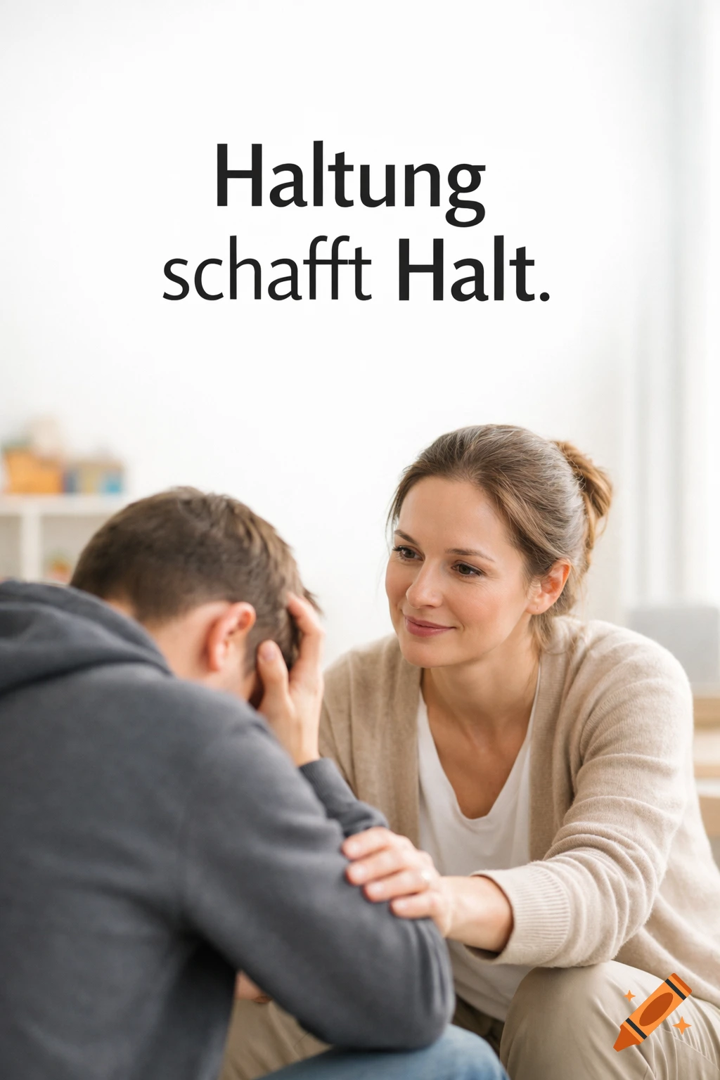 A woman gently comforts a distressed man holding his head, with the German slogan "Haltung schafft Halt." above them.