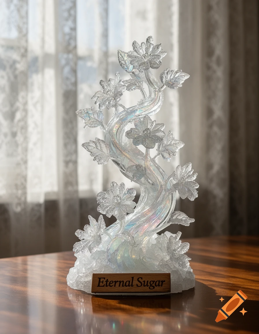 A clear, iridescent glass sculpture of a flowering tree on a wooden base labeled 'Eternal Sugar', set on a polished table.