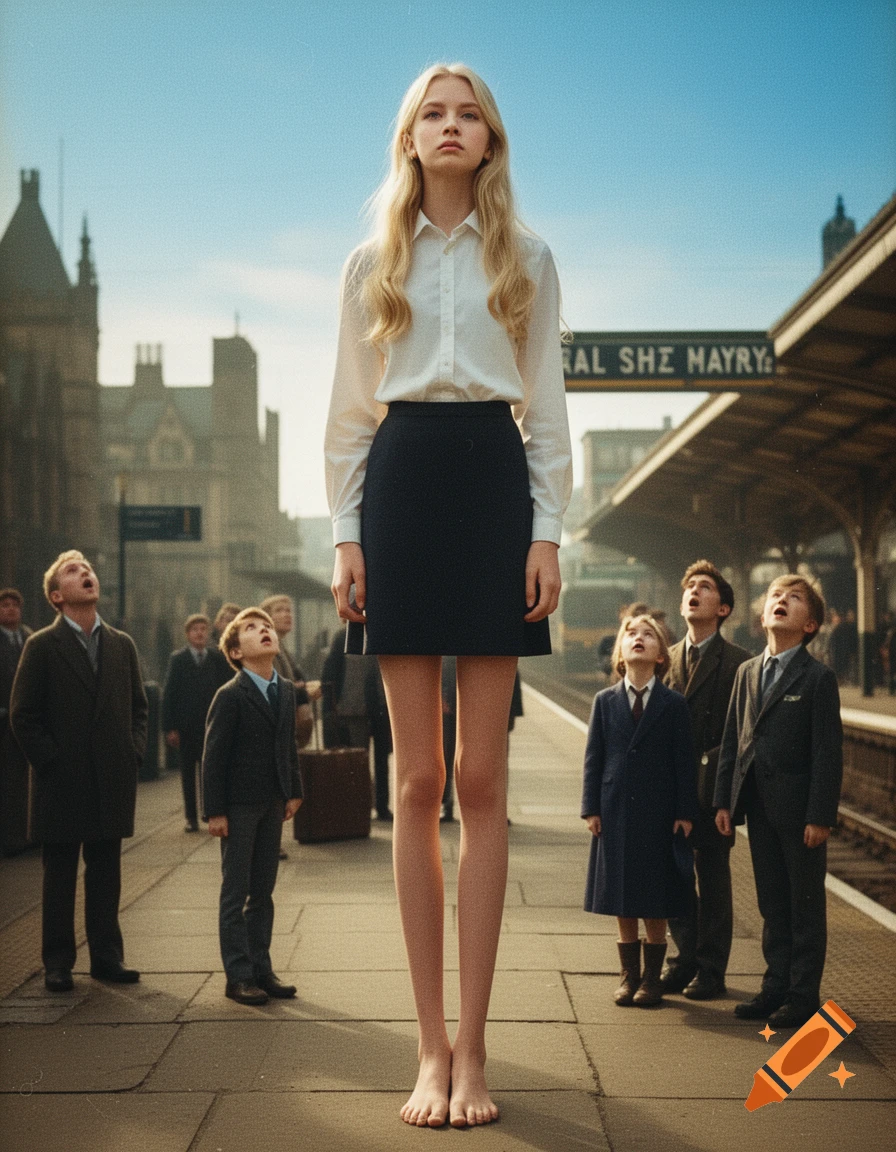A very tall blonde girl with long bare legs stands on a train station platform, wearing a white shirt and dark skirt, as shorter people look up at her in shock.