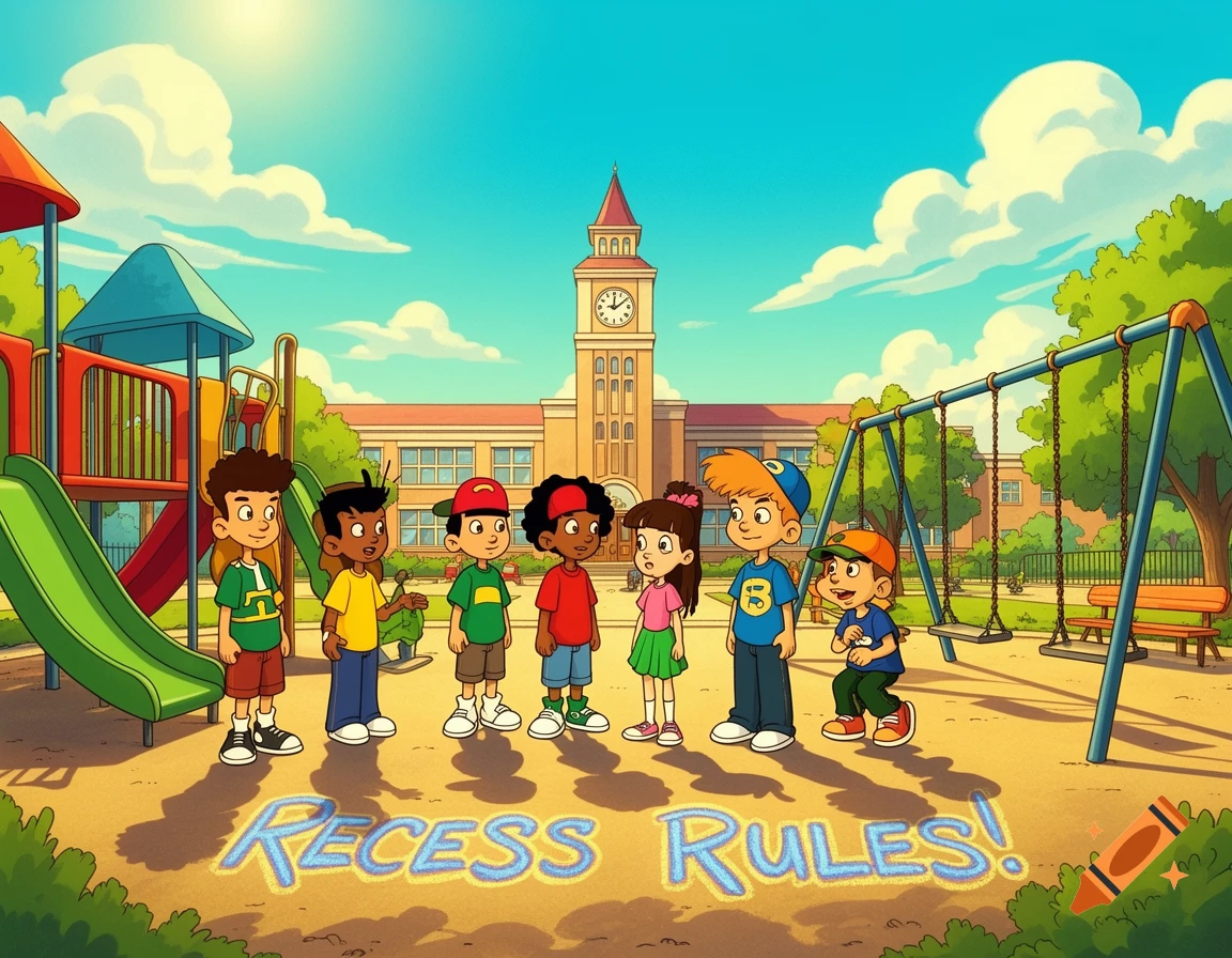 A cartoon image of diverse children playing in a sunny playground with a school building in the background. "RECESS RULES!" is written on the ground.