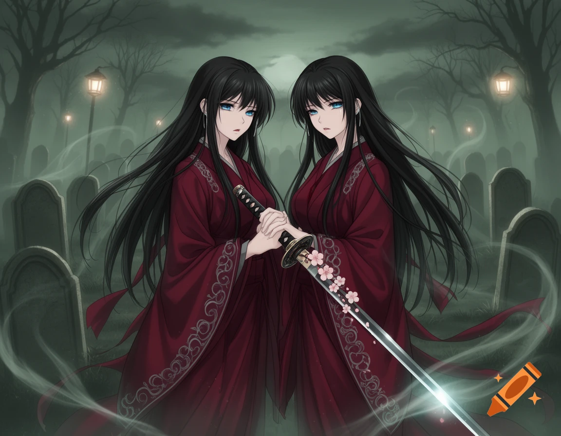 Two anime women with long black hair and red kimonos clasp a decorative sword hilt in a misty graveyard.