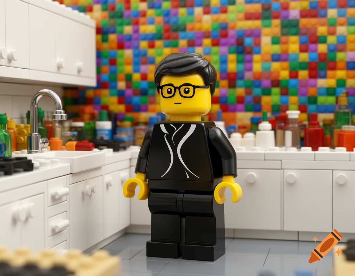 A LEGO minifigure with black glasses and a patterned black shirt stands in a realistic LEGO kitchen with a colorful mosaic wall.