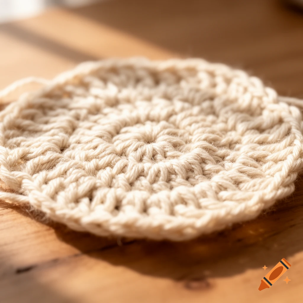 A close-up shot of light beige crochet stitches forming a circular pattern on a wooden surface, with sunlight and shadows.