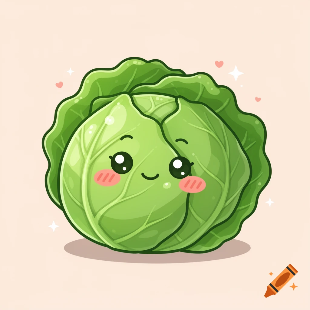 A cute, smiling kawaii cartoon cabbage with pink blush cheeks, twinkling eyes, and small hearts around it on a light background.