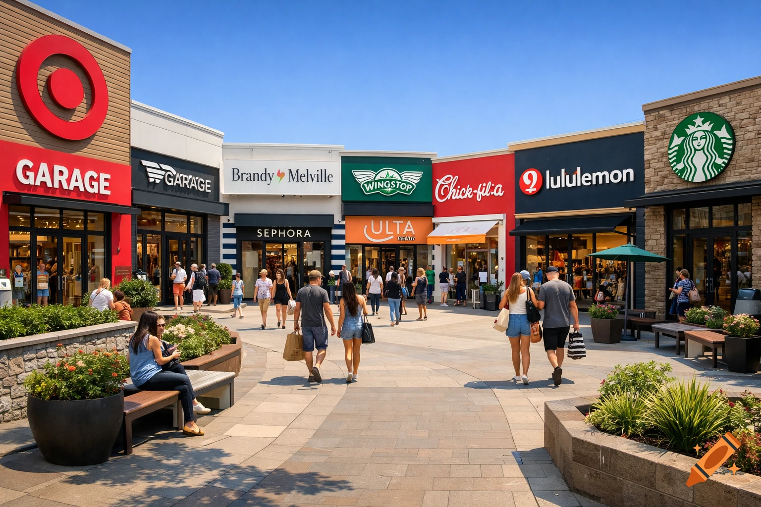 A vibrant outdoor shopping mall on a sunny day, featuring storefronts for Target, Garage, Brandy Melville, Sephora, Wingstop, Ulta Beauty, Chick-fil-A, Lululemon, and Starbucks, with people walking along the paved walkway and sitting on benches.