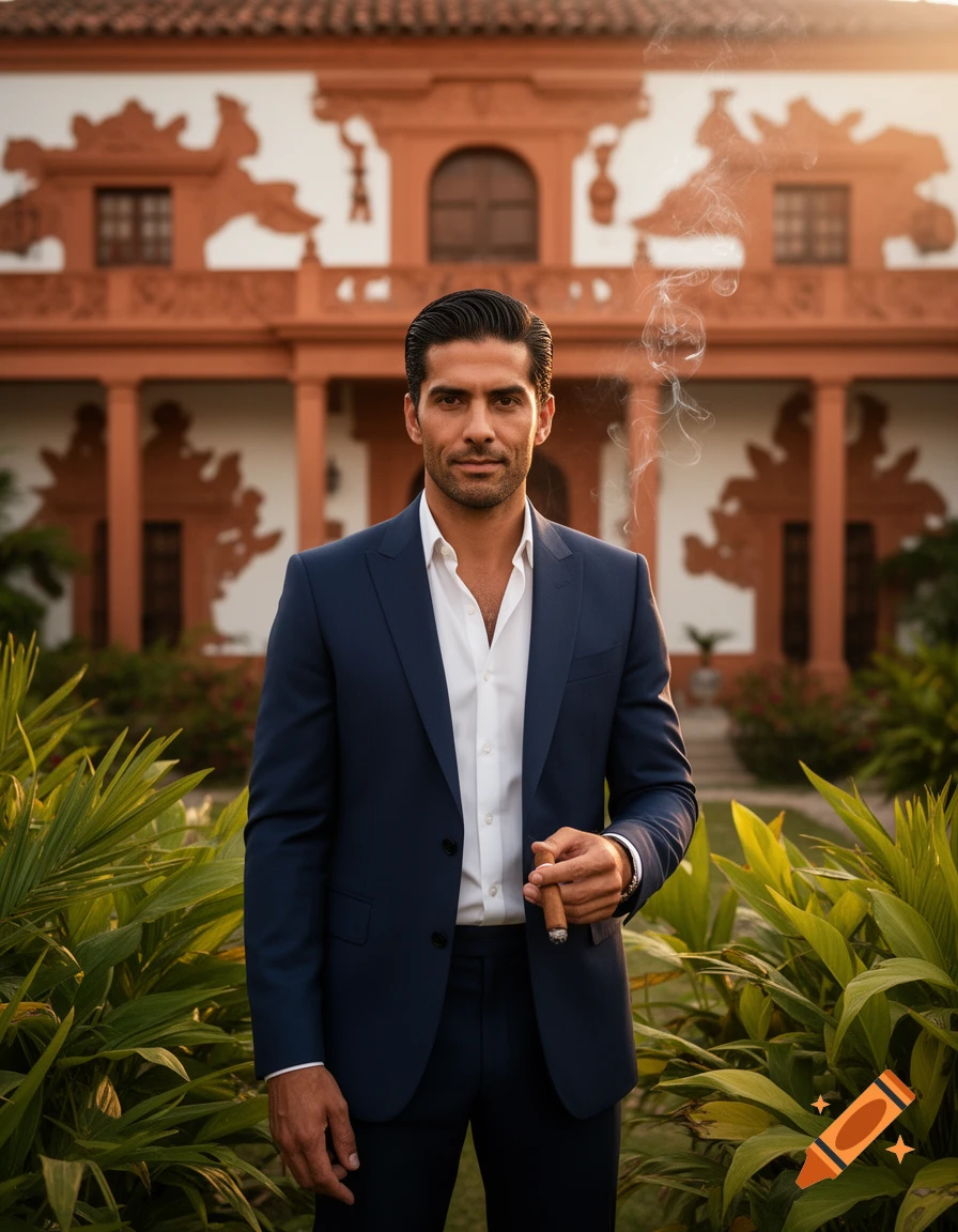 Photorealistic portrait of a man in a navy suit holding a smoking cigar, standing amidst green foliage in front of an ornate terracotta building.