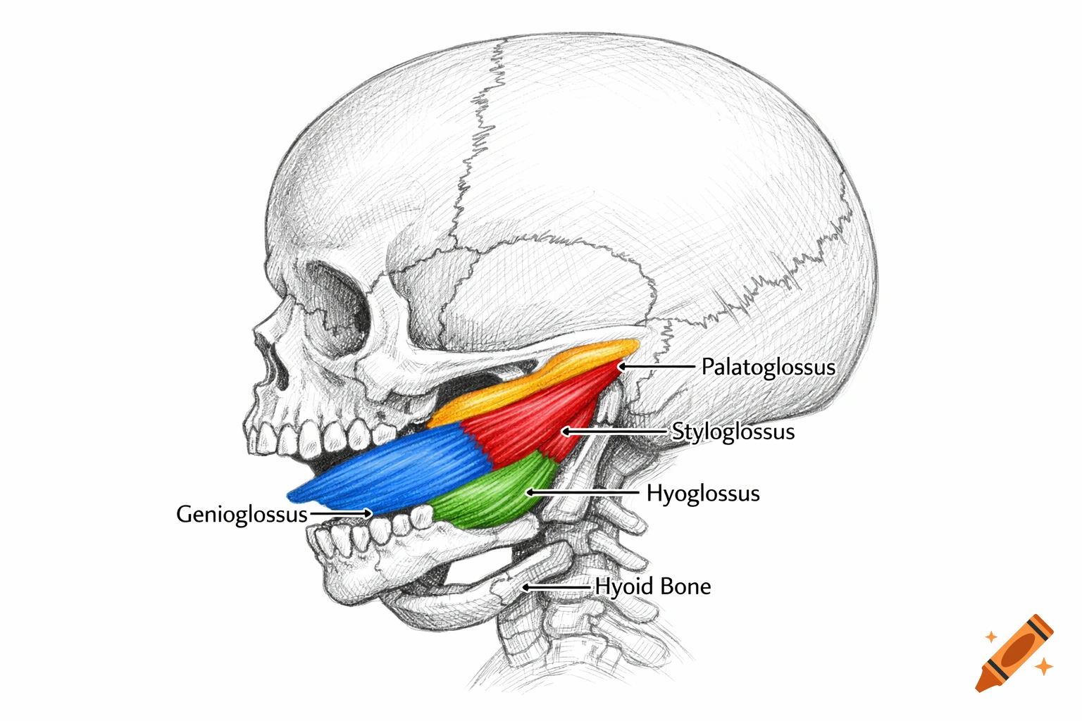 Pencil sketch anatomical illustration of an infant skull in profile, with four extrinsic tongue muscles labeled in different colors.