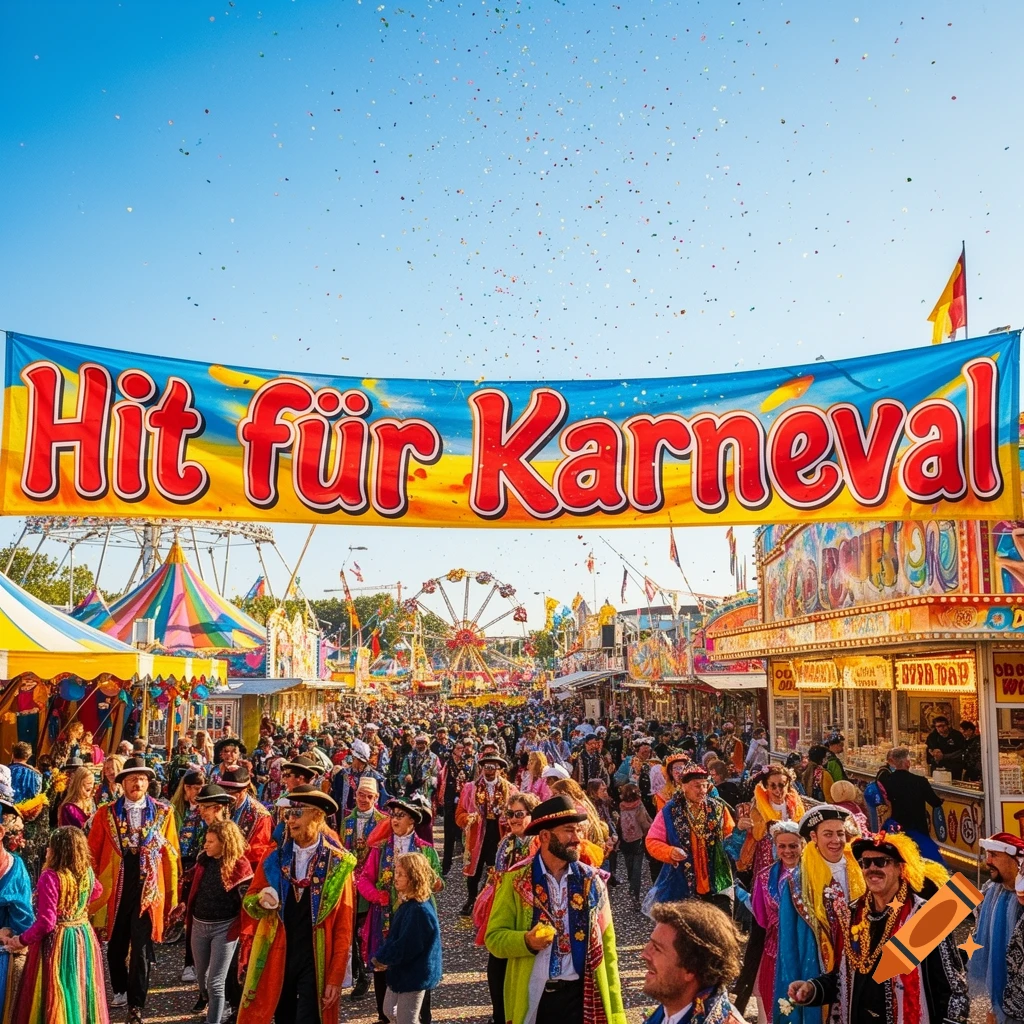 A bustling carnival scene under a clear blue sky, with a banner reading "Hit für Karneval" above a crowd of people in colorful costumes, confetti falling, and amusement park rides in the background.